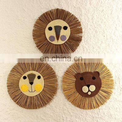 Hot Sale Woven Lion and Bear Face Seagrass Wall Hanging Decoration Straw Rustic Art Decor Cheap Wholesale