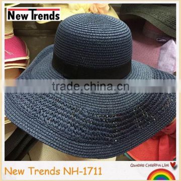 Navy wide brim floopy hat with hollow out in middle for fashion lady