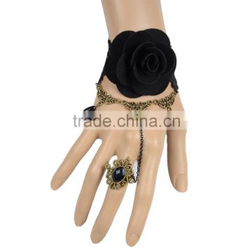 Delicate Black Big Flower Women Lace Bracelet Alloy Tassel Ellipse Zircon Ring