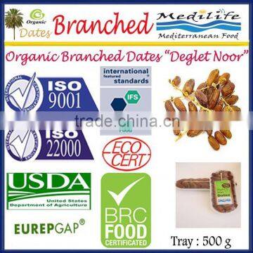 Organic Branched Dates Deglet Noor, Organic Branched Dates 500 Tray, Deglet Noor Dates.
