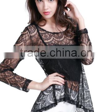 Women's new style black sexy lace short front long back wavy strip two piece shirt