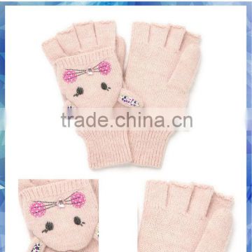 Pink fluffy bunny capped mittens animal knitted gloves