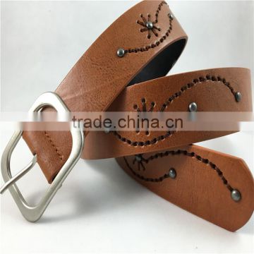 Tan color cheap price PU faux leather rivet belt for pants