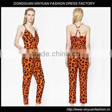 Custom Designer Ladies Corssover V-Neck Leopard Jumpsuit