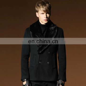 European Fashion Men's Outwear Soft Shell Woolen Jackets Slim Fit Winter Wool Coats with Big Fur Collar