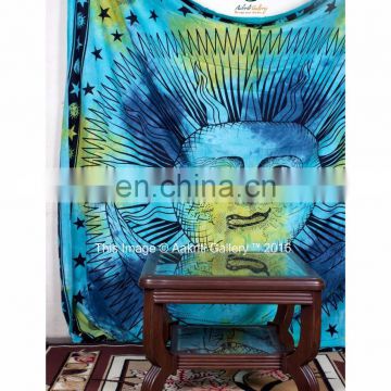 Indian Turquoise & Yellow Color Sun Moon Print Double cotton handmade tapestries 92x82 Tapestry