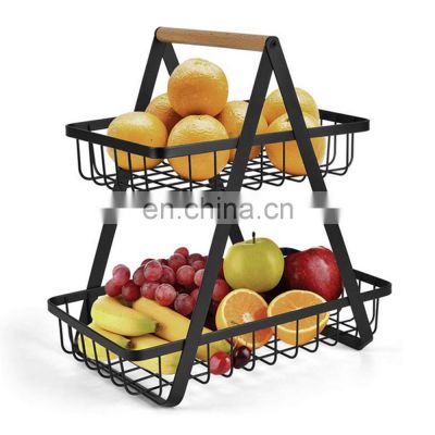 Detachable portable multifunction kitchen vegetable fruit organizer double layer black wire storage basket with handle