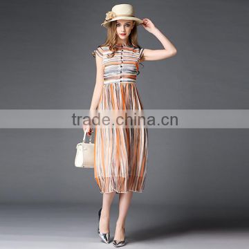 2016 Summer Fashion Women Midi Dresses Side Zipper Lining Slim Stripe Printed Silk Vintage Latest Dress Designs For Ladies