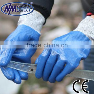 NMSAFETY safety gloves anti oil nylon HPPE liner full coated blue nitrile gloves anti cut
