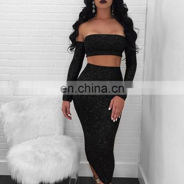 Shiny Party Sexy Dress Women Hollow Out Strapless Tie-up fashion Dress Fashion Long Sleeve Pleated Dresses Slim Set