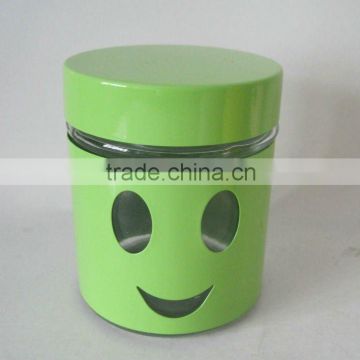glass canister with metal casing