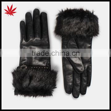 Ladies black leather gloves with belt and rabbit fur cuff
