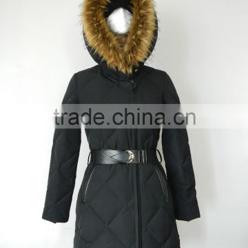women winter diamond puffer quilted long down feather jacket with fur hood