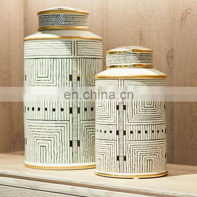 Living Room Accessories Ceramic Art Craft Pieces Stripe Jar Interior Modern Gold Luxury Home Decor