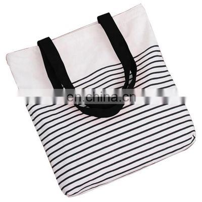 Canvas Cotton Women Shoulder Storage Shopping Stripe Bag with Zipper