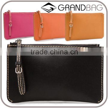 Decorative stitching soft leather cosmetic bag customized color logo makeup cultch bag with adjustable buckle wristlet strap