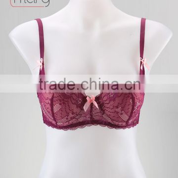 Hot sale sexy ladies new style breathable darkred fashion delicate satin bowknot full support balconett lace bra