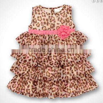 2016 Baby Girl Leopard Layered Dress With Pink Flower Bow Kids Wear Size:80 90 100 GD40218-28