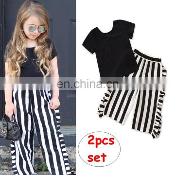Girl Summer 2PCS Outfit Kids short sleeve black tops & Stripe Pant Set Girl Clothing Sets for 1-6T