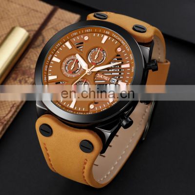 New Arrival Skmei 9282 Brown Quartz Watch for Men Wristwatch with Leather Strap Wholesale Price