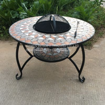 Garden Fire Pit & BBQ, Mosaic Tile Table - Outdoor Barbecue Fire Pit