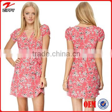 Women short sleeves V neck floral print beach dress 2016/Fashion ladies wrap style apparel