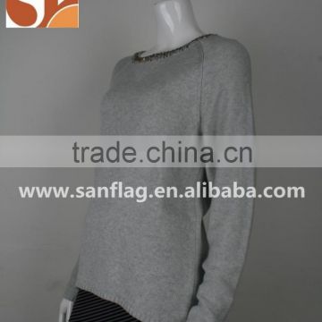 ladies' round neck raglan long sleeve pullover beading along neckline knitted sweater