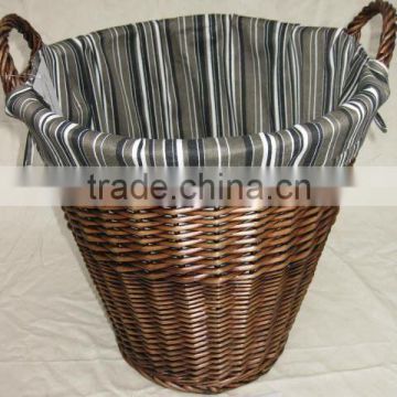 round willow laundry basket with ear handle and cloth liner