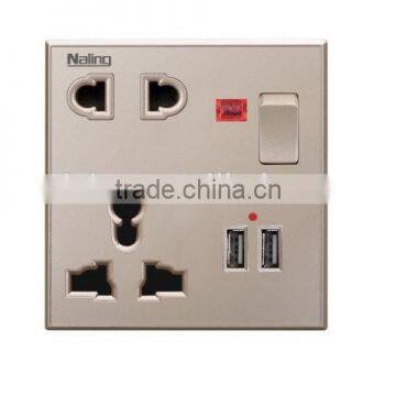 Champagne Acrylic 1 way 13A 5PIN multi-funcational switched socket+double USB with neon wall switch from factory