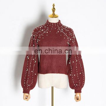 TWOTWINSTYLE Heavy Beading Sweater Women Turtleneck Lantern Long Sleeve Knitted Pullover Tops Female