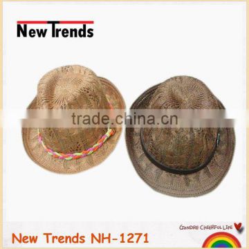 Brown acrylic braided fedora hat with cute ribbon