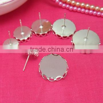 10-16mm Silver Plated Ear Studs Blank Base Cabochon Bezels Setting Lace Edge Round Earring Tray