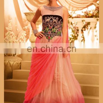 Powder pink scallop embroidered fish cut gown with strap and cold shoulder  sleeves only on Kalki