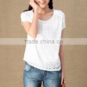 2015 girls fashion summer t shirt customize quality sexy casual lady white lace t shirt
