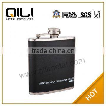 EU standard black leather silk screen logo steel flask