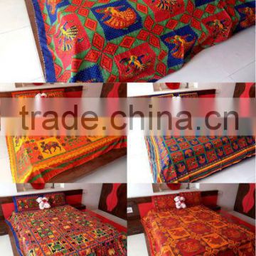 Kantha Embroidered Printed Cotton vintage Bedsheets with Pillow