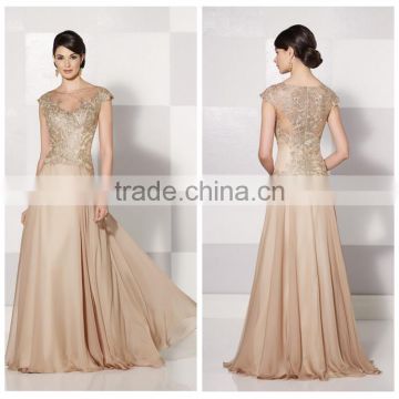 gold long round neck cap sleeve patterns of lace evening dress