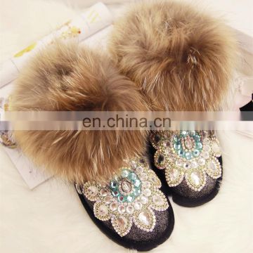 Aidocrystal 2016 Winter new style Women rhinestone warm fur black ankle snow boots