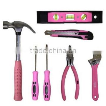 Pink 7-Tool Combination Set - Utility Knife, Screwdriver Set, Claw Hammer, Torpedo Level, Diagonal Pliers and Adjustable Wrench