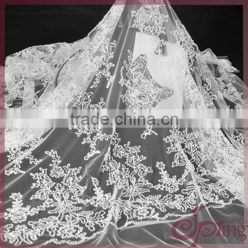 White elegant mesh embroidery lace,bridal sequin beaded lace fabric for wedding dress