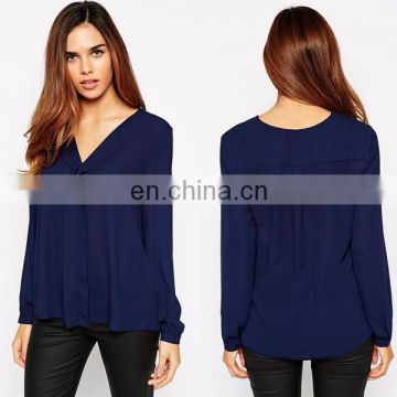 New design draped trim long sleeve woman blouse 2015 fashion chiffon blouse