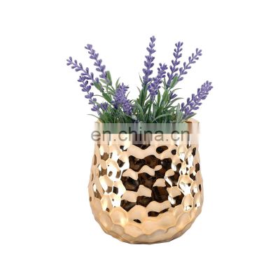artificial corporate electroplated gold colored ceramic vases for home decor with Metallic Gold Tone and Hammered Texture
