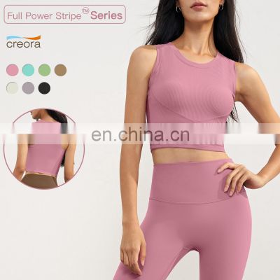 New Arrival Ribbed High Support Sports Crop Tops Yoga Fixed Cups Fitness Quick Dry Bras 69nylon 31spandex