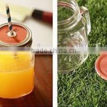 2015new style glass mason jar with metal lid and straw/mason jar
