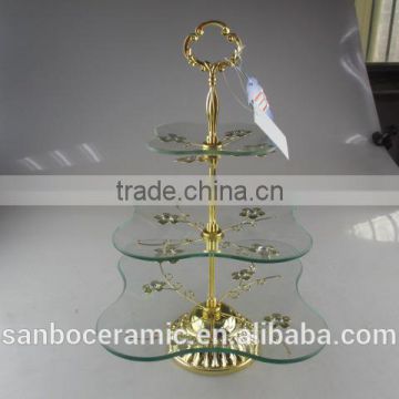 Crystal Cake Stand, Glass Cake Stand with Golden Flower Decoration, 3 Tiers Cake Stand