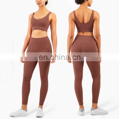 Hot Selling High Quality V Neck Sports Bra And High Waisted Leggings Workout Pants Women Tight Fitness Yoga Wear two Pieces Set