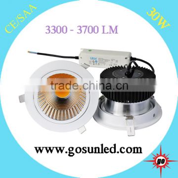 Super brightness 3400-3700lm dimmable 30W led cob downlight with white/black/silver frame