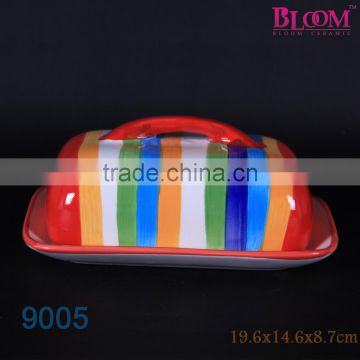 China wholesale handpaint stripe ceramic butter dish with lid