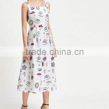 Guangzhou Clothing OEM White Spaghetti Strap Cute Print Polyester Slip Dress