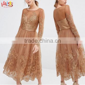 Embroidered Lace Tulle Dress With Long Sleeve Fashion Sexy Cocktail Evening Party dress 2016 HSd7550